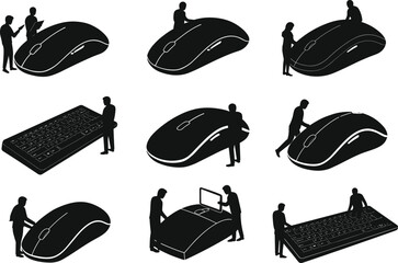 Silhouettes with giant computer mouse and keyboard, tech interaction concept, digital workspace humor, black vector illustration for technology themes