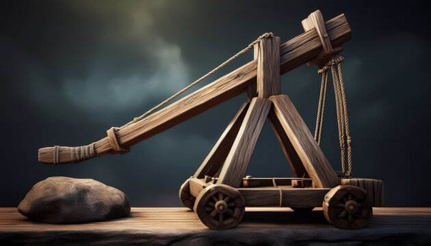 medieval wooden catapult with rope and stone n fantasy siege weapon