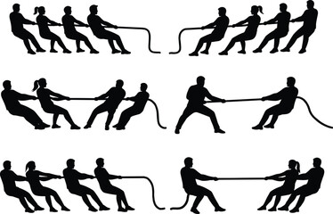 Obraz premium Tug-of-war silhouette, teamwork and competition concept, group pulling rope scene, physical challenge illustration, black vector for unity and effort