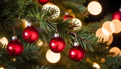 Christmas Ornaments Festive Red Baubles on a Glowing Christmas Tree, Holiday Season Cheer