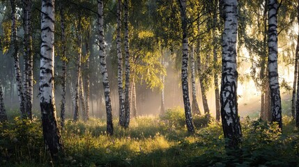 Fototapeta premium Sunlit birch forest with ethereal morning mist and golden light filtering through leaves