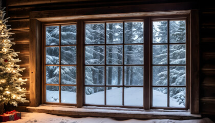 Fototapeta premium Cozy wooden cabin interior with a glowing Christmas tree and festive gifts, offering a serene view of a snow-covered forest through a large window