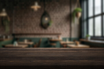 Wooden table in a modern cafe or restaurant with blurred background and cozy seating