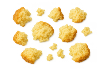 Golden bread crumb pieces and sweet pastry breaking into small delicious bites on transparent background