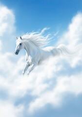 A white horse is flying through the clouds in the sky