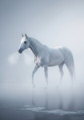 Obraz premium A white horse is walking in the fog