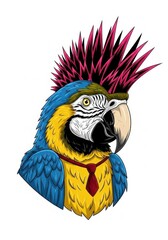 A parrot with a mohawk on its head wearing a tie