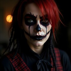 Woman intense portraying skull-inspired costume against moody indoor lights
