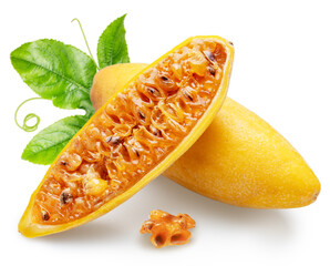 Curuba or banana passion fruit cut in half showing the juicy pulp and black seeds on white background. File contains clipping path.