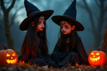 Two young witches with playful mystery sitting among carved pumpkins against a dim forest backdrop