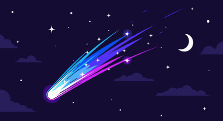 Vibrant Comet Streaking Across the Night Sky with Stars and Moon. © dasphemy