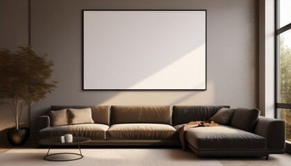 minimal interior with blank poster mockup on wall and cozy living room with sectional sofa and natural light through large window 3d rendering 3d rendering