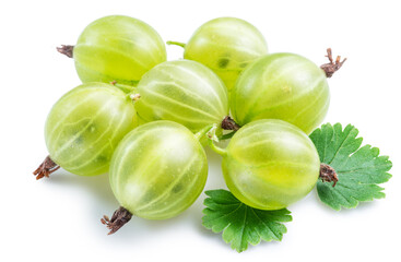 Ripe green gooseberries with leaf on white background. File contains clipping path.