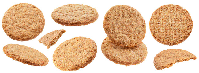 Oatсakes or oat biscuits and cookie pieces isolated on white background. File contains clipping paths.