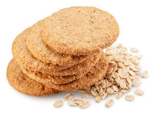 Oatсakes or oat biscuits and several rolled oats isolated on white background. File contains clipping paths.