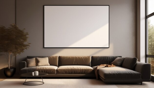 minimal interior with blank poster mockup on wall and cozy living room with sectional sofa and natural light through large window 3d rendering 3d rendering