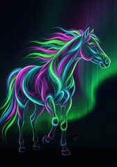 A horse with a colorful mane is standing in front of the aurora borealis