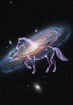 A horse is running in front of a spiral galaxy