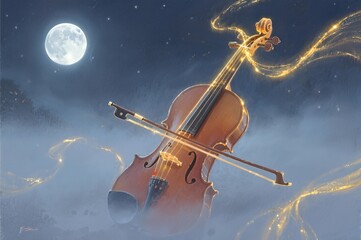 Fototapeta premium Violin floating in a night sky with a bright moon and golden light trails