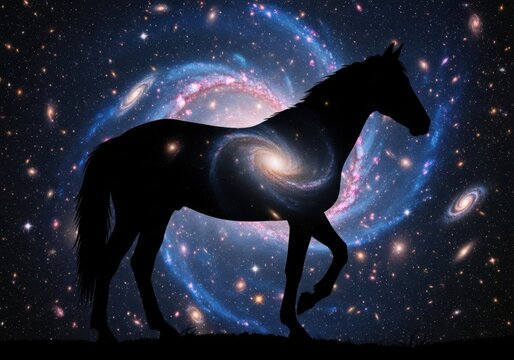 A horse is silhouetted against a starry night sky with a spiral galaxy in the background