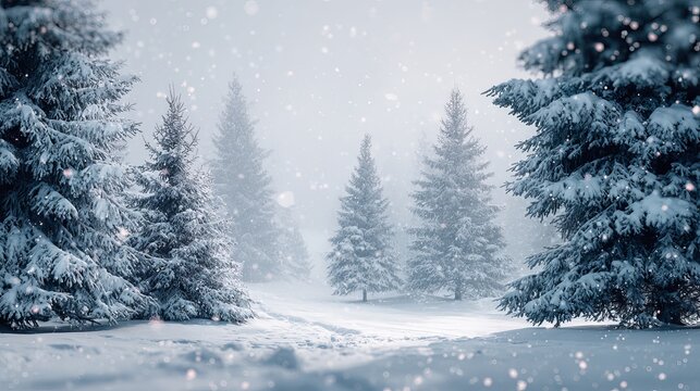 Enchanting winter wonderland with snow-covered pine trees and soft falling snowflakes creating a serene, magical atmosphere - Powered by Adobe