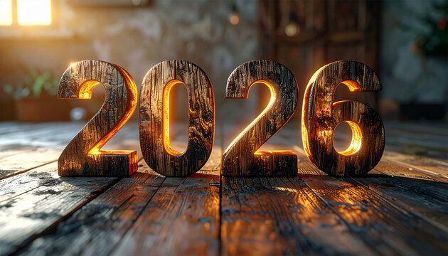 Three-dimensional year 2026 in wood type hovering over rustic background