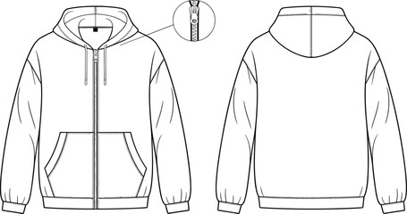 Front and back zip up hoodie technical fashion sketch, drawstring hooded sweatshirt with pocket and zipper detail, cad drawing flat vector illustration