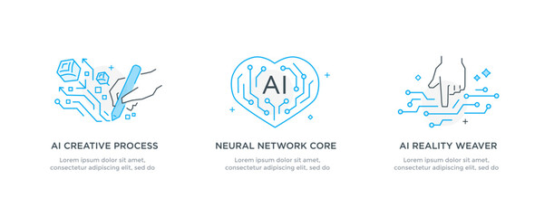 Set of illustrations concept with businessmen. technology, partnership, artificial intelligence business robot, cybes. linear illustration Icons infographics. Landing page site print poster. Line