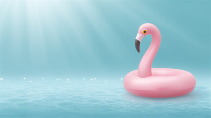 Fototapeta premium Pink inflatable flamingo floating on blue water under sunlight, summer fun and vacation concept with copy space.
