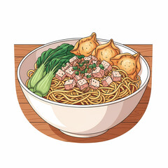 Delicious Asian Noodles with Dumplings and Bok Choy, Illustrated Food Bowl, traditional food from indonesia called "mie ayam" or chicken noodles