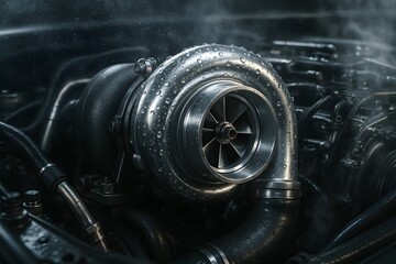 Rain-Cooled Turbocharger With Water Droplets in Engine Bay, Hyper Realistic Automotive Detail