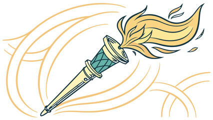 Illustration of a burning torch with golden flames and stylized background elements in a cartoon style