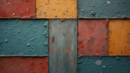 Weathered tile mosaic in rustic industrial style in red, orange, teal, and muted blue representing aged texture for backgrounds and design