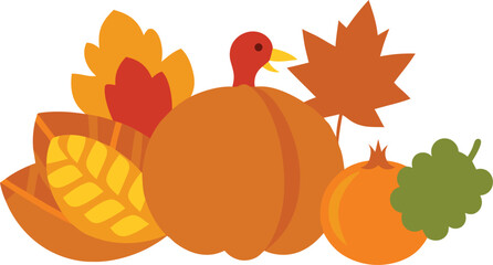 Vector thanksgiving elements bundle turkey pumpkin autumn leaves for festive decorations and designs