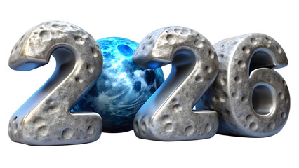 Close up of textured metallic numbers two two six with a glowing blue orb in the background isolated on transparent background