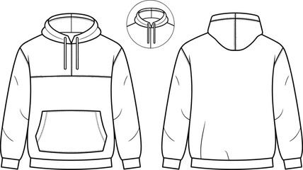 Hooded sweatshirt technical flat sketch front and back view with detailed stitching and kangaroo pocket design, vector fashion template for apparel design, cad drawing flat vector illustration