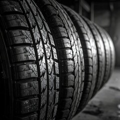 Obraz premium A row of black tires in close-up, showing tread pattern and rubber