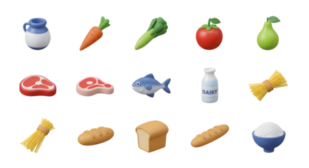 3d icon of assortment of food items isolated on transparent background