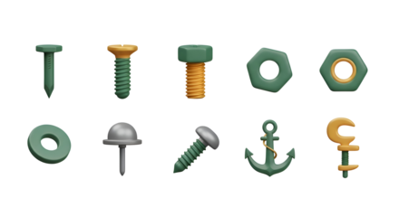 3d icon of collection of various fasteners isolated on transparent background for construction