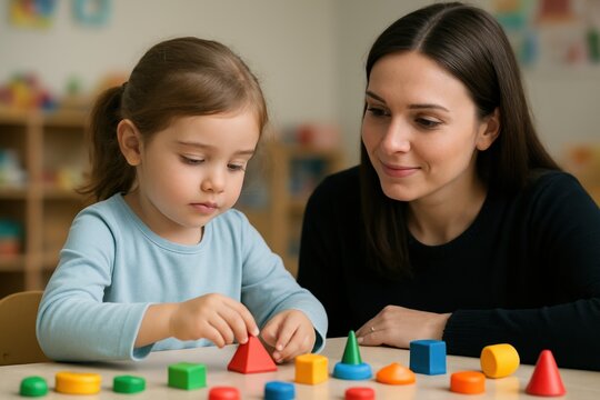 A young girl and her teacher engage in a creative learning activity with colorful geometric blocks in a bright classroom. The woman smiles supportively as the child focuses on arranging shapes - Powered by Adobe