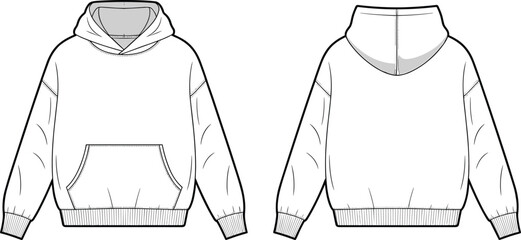 Hoodie sweatshirt flat sketch front and back view, vector technical drawing, casual fashion design template, unisex pullover fleece garment illustration for apparel design © Earshad Creative