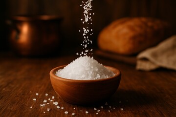 Sprinkling coarse sea salt into a rustic wooden bowl on a dark kitchen table with bread and a copper pot
