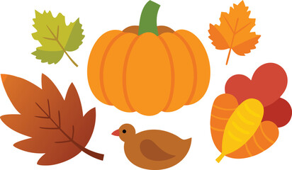 Thanksgiving day vector elements bundle turkey pumpkin autumn leaves holiday illustration