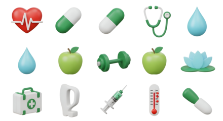 3d icon of health and wellness icons isolated on transparent background for digital design
