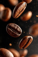 A realistic close-up shot capturing the moment coffee beans are falling into a pile of coffee beans.