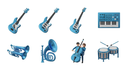 3d icon of a collection of blue musical instruments isolated on transparent background