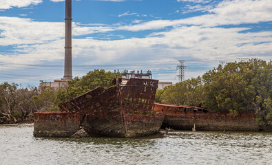 Exposure of Shipwreck location in Adelaide, were you can find several vessels been eaten by rust, Garden Island Ships' Graveyard, Adelaide, Australia.