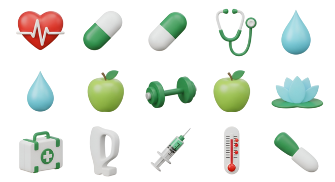 3d icon of health and wellness icons isolated on transparent background for digital design