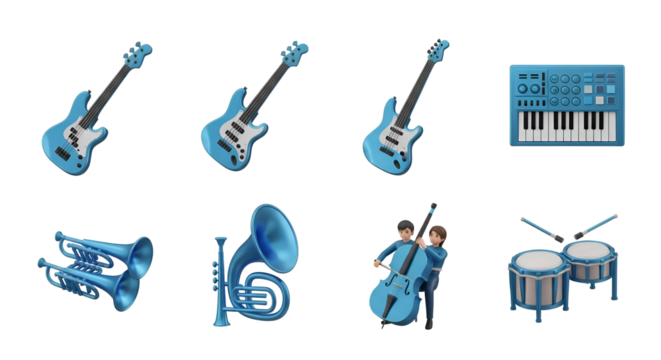 3d icon of a collection of blue musical instruments isolated on transparent background