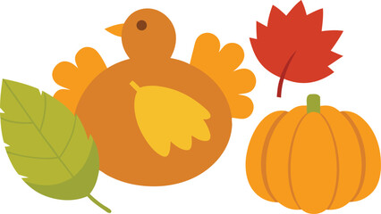 Thanksgiving day vector bundle featuring turkey pumpkin and autumn leaves illustration